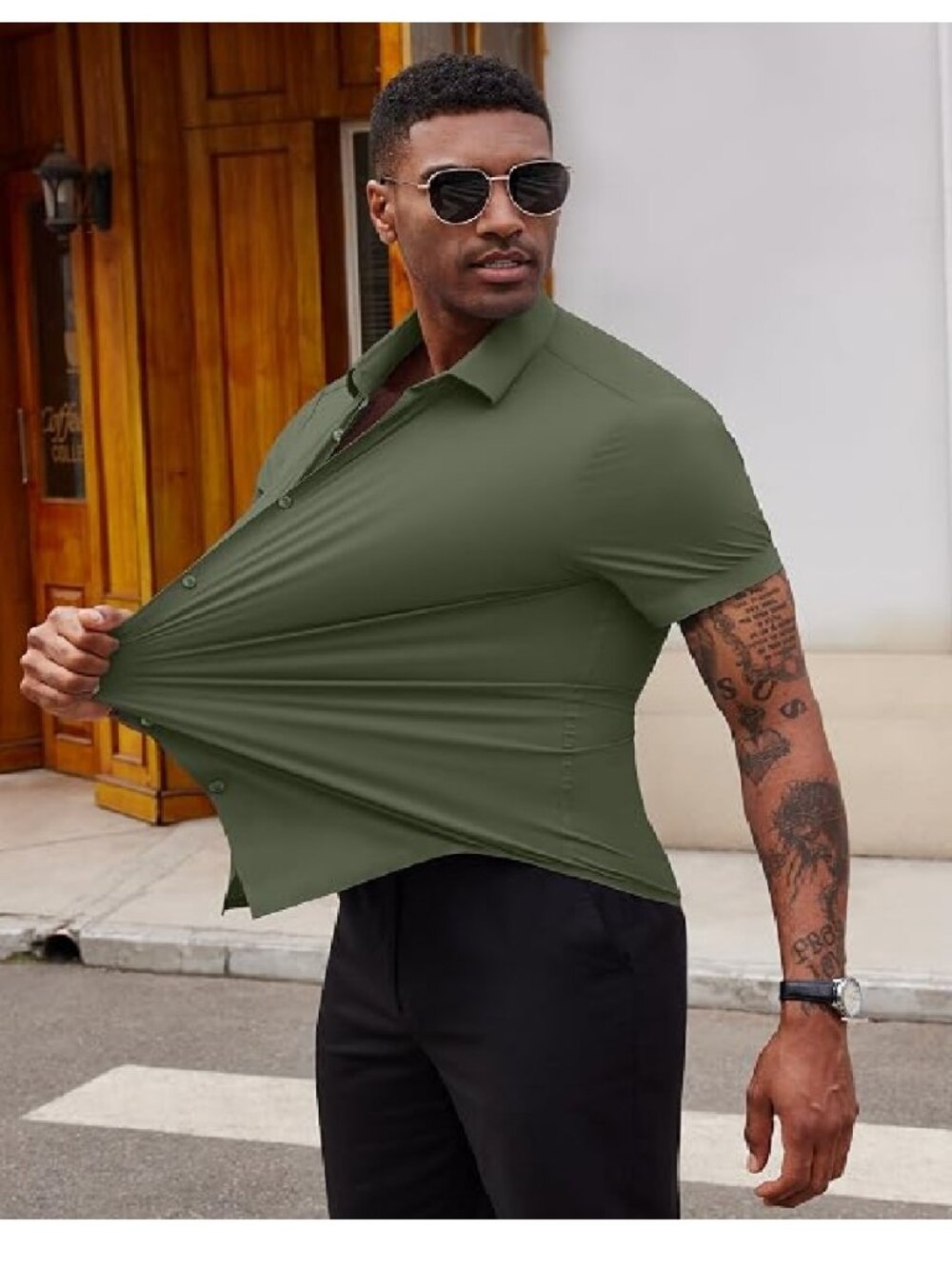 Lion Nardo Stretch Dress Shirts for Men Short Sleeve Slim Fit Casual Button Down